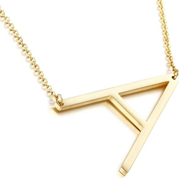 Sideways Initial Necklace 18K Gold Plated Stainless Steel Large Big Letters Pend - Picture 1 of 7